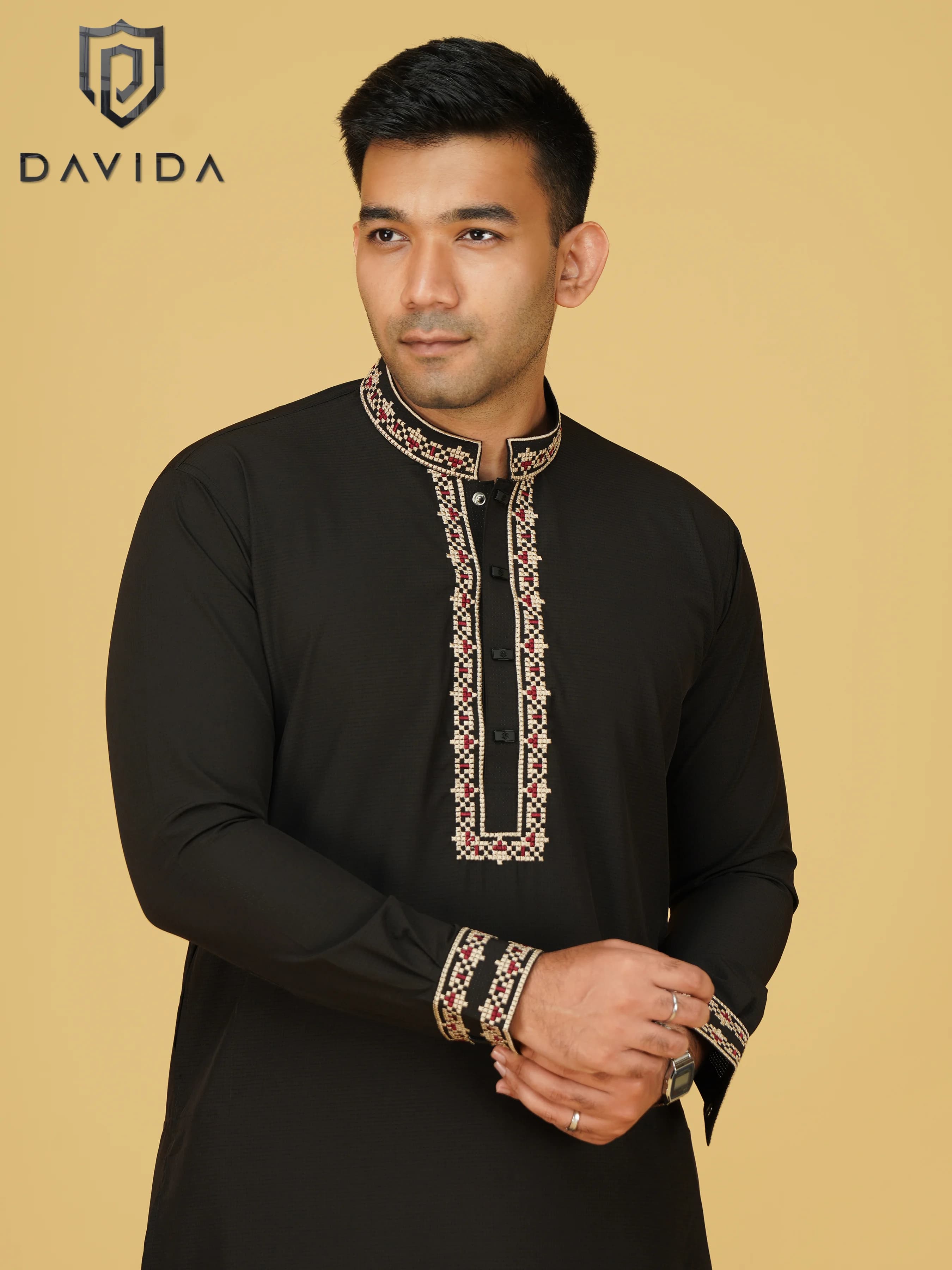 Bamboo AC Cotton Embroidered Panjabi Black Color